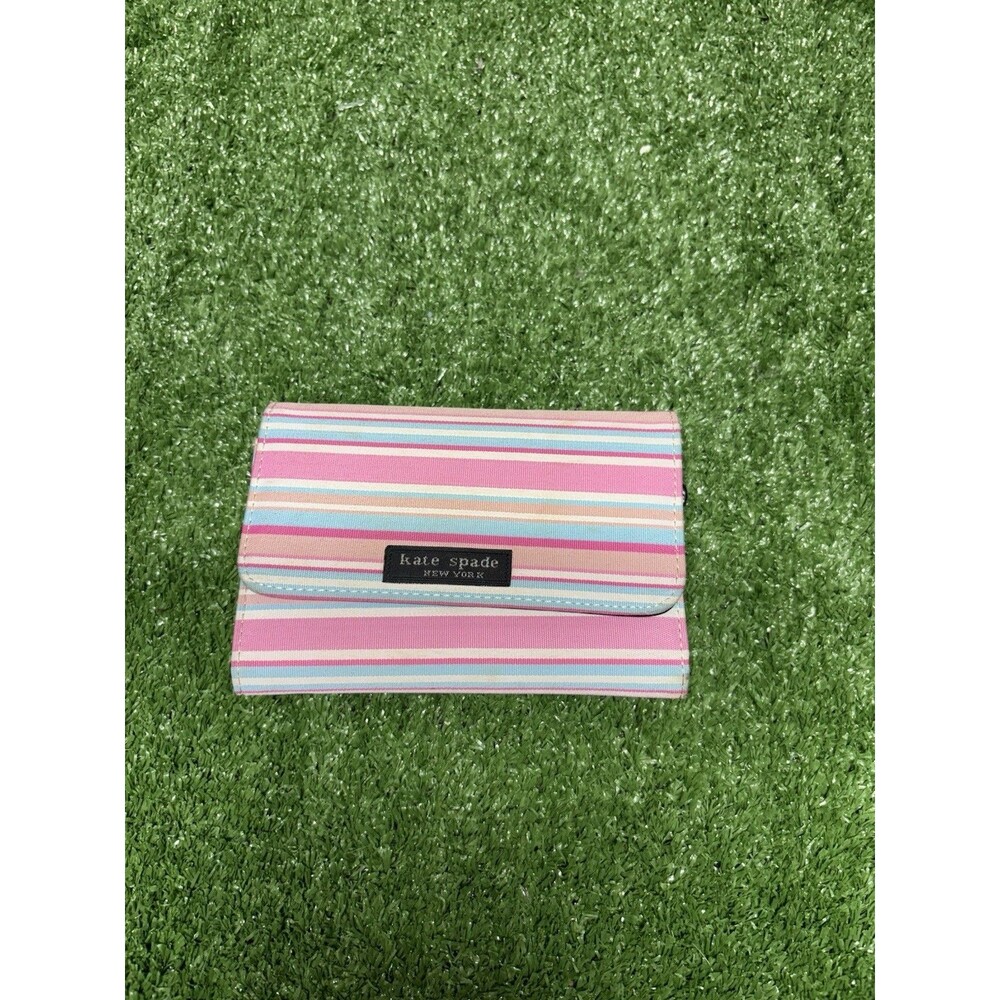 Womens Vintage Kate Spade Striped Trifold Wallet Pastel Canvas Zip Pocket